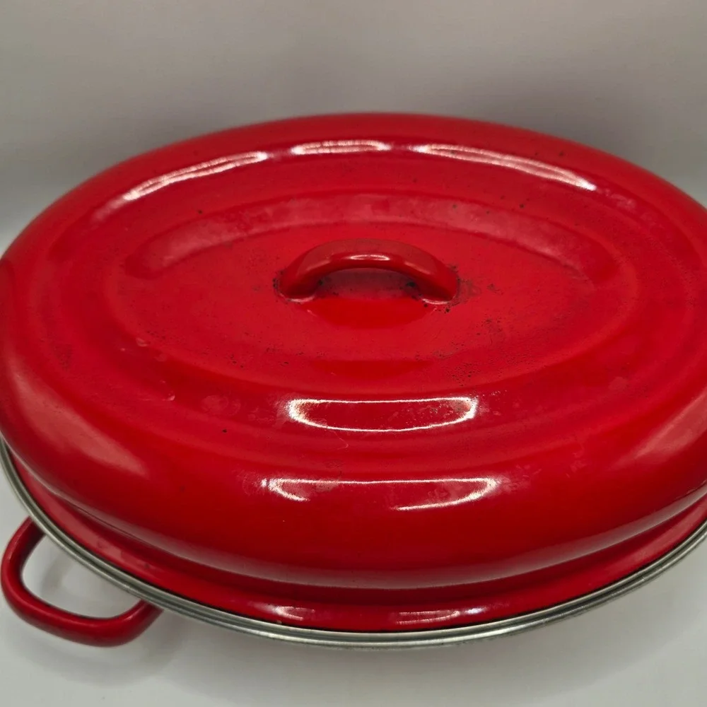 Vintage Red Enamel Roasting Pan Oval Lid Farmhouse Rustic Decor Primitive Roast